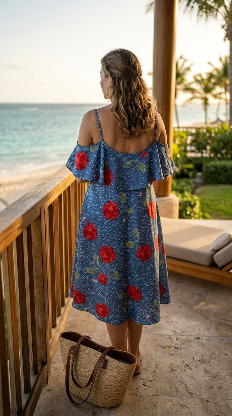 Blue Rose Print Cold-Shoulder Dress