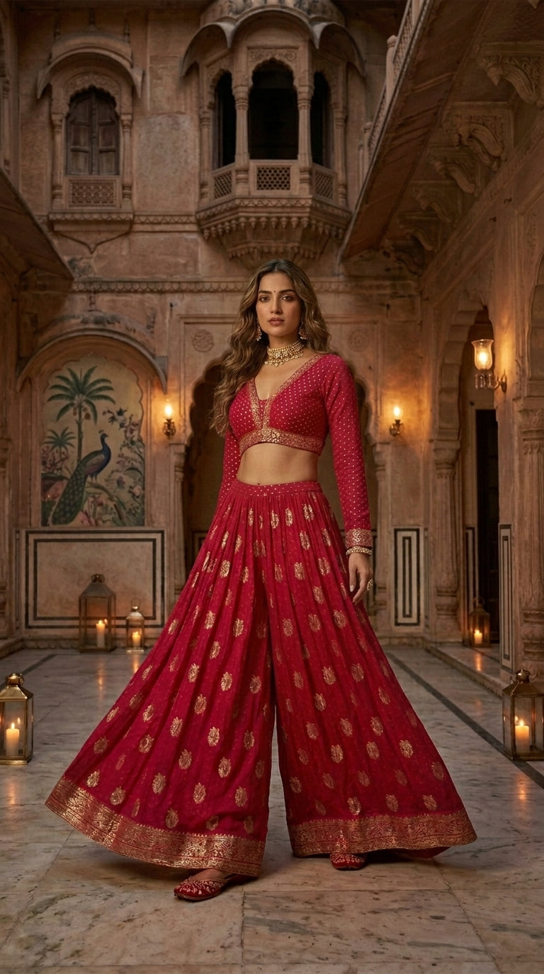 Crimson Gold Sequin Sharara Set with Dupatta —  Size XXL