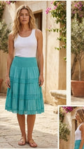 Aqua Tiered Crochet Lace Skirt — Smocked Waist, Knee Length