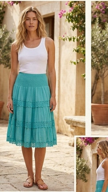 Aqua Tiered Crochet Lace Skirt — Smocked Waist, Knee Length