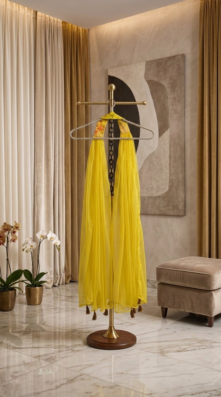a yellow dupatta in net hanging 