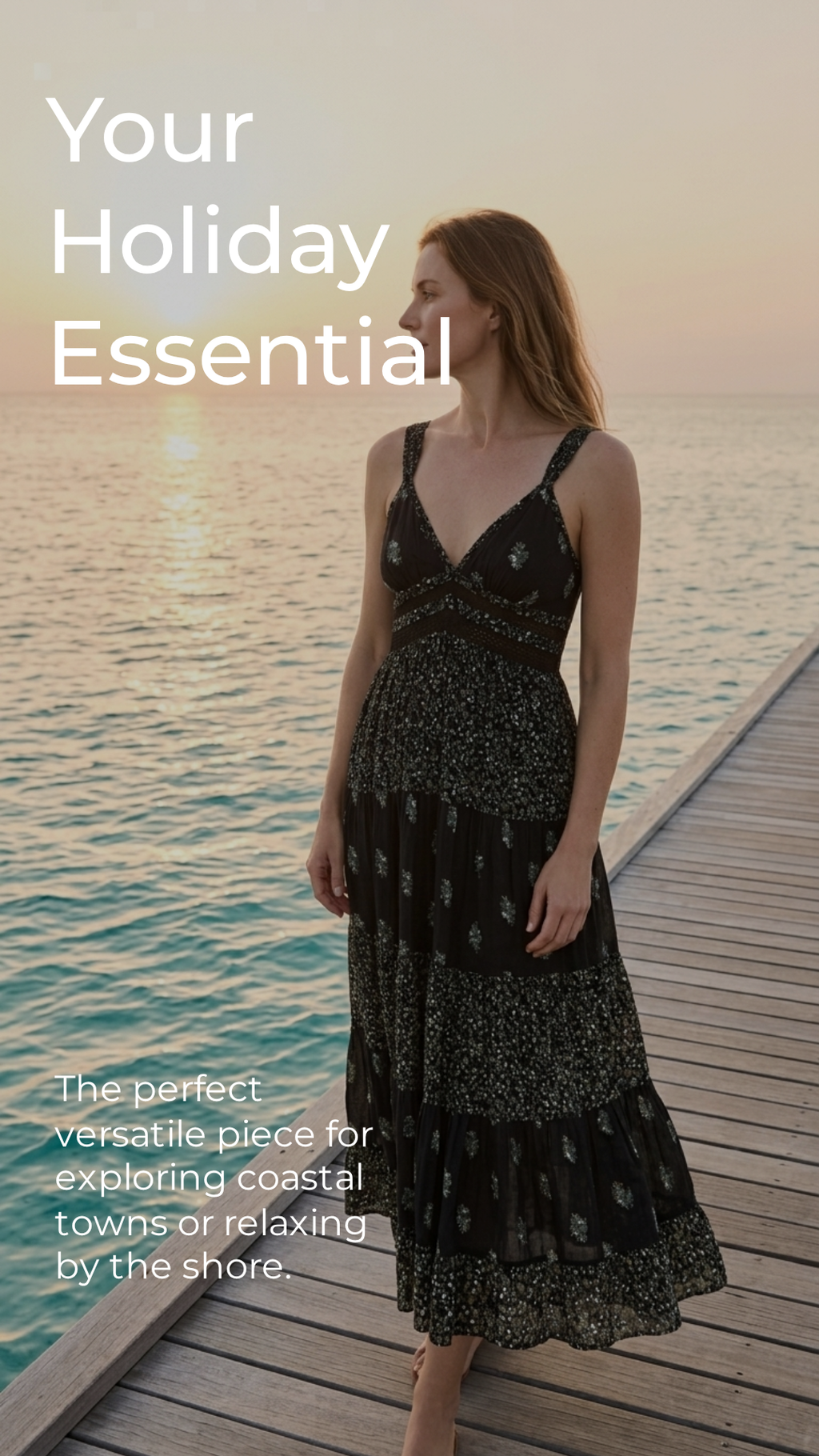 Black Botanical Tiered Maxi Dress — Crinkle Rayon, Crochet Waist, Spaghetti Straps