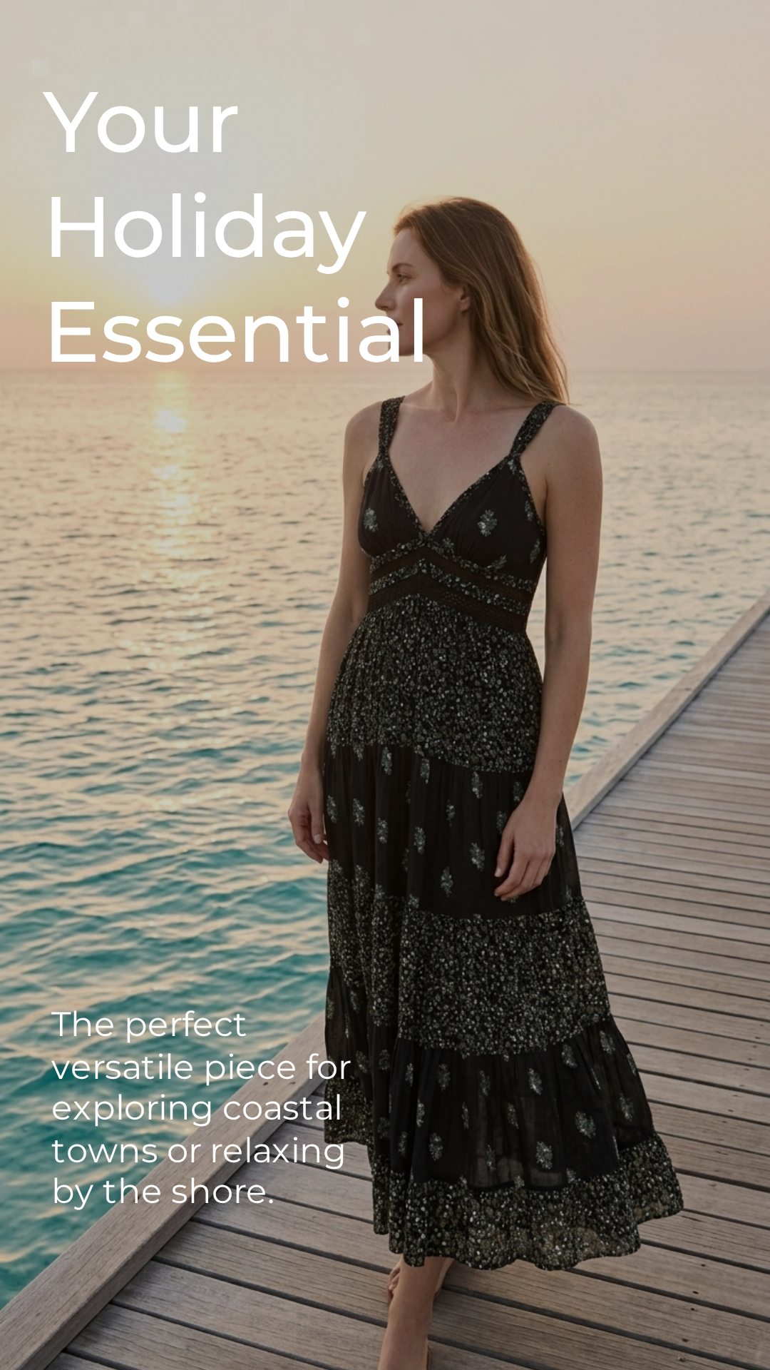 Black Botanical Tiered Maxi Dress — Crinkle Rayon, Crochet Waist, Spaghetti Straps