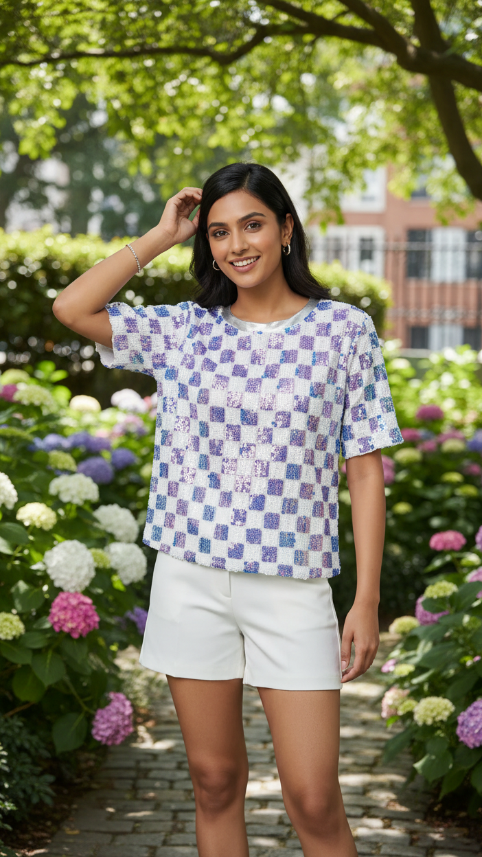 Iridescent Sequin Checkerboard Top — Holographic, Boxy Fit