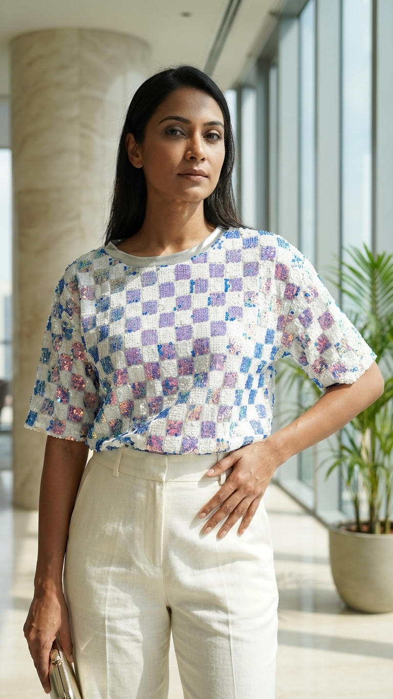 Iridescent Sequin Checkerboard Top — Holographic, Boxy Fit