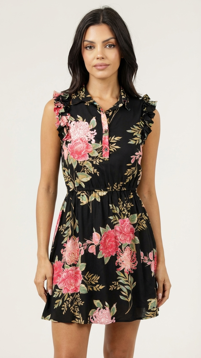 Black Peony Floral Crinkle Dress — Ruffle Shoulder, Elasticated Waist, Mini