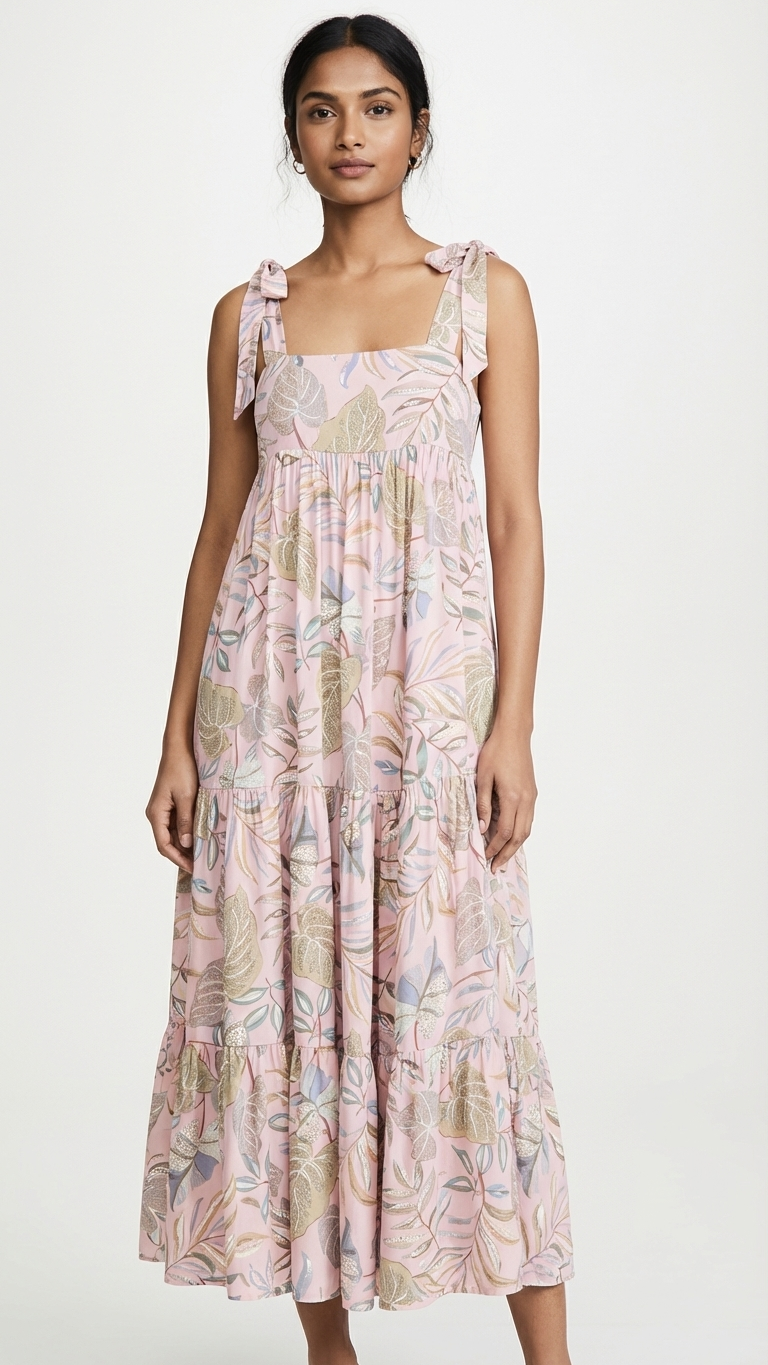 Blush Tropical Leaf Tiered Midi Dress — Crinkle Rayon, Tie Shoulder Straps