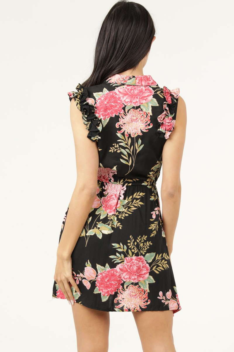 Black Peony Floral Crinkle Dress — Ruffle Shoulder, Elasticated Waist, Mini