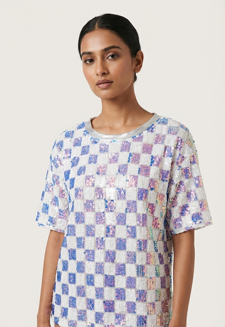 Iridescent Sequin Checkerboard Top — Holographic, Boxy Fit