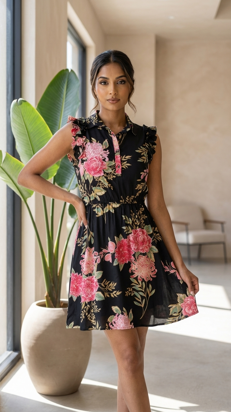 Black Peony Floral Crinkle Dress — Ruffle Shoulder, Elasticated Waist, Mini
