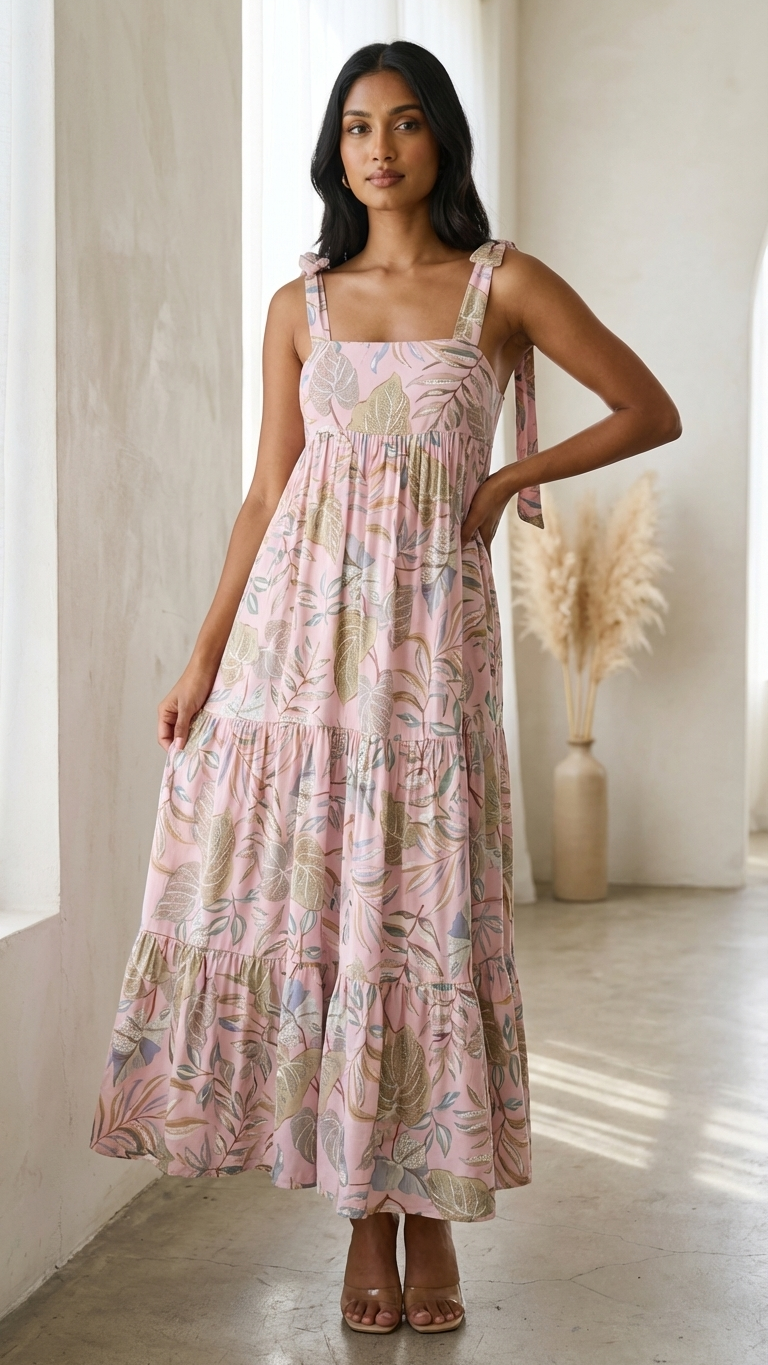 Blush Tropical Leaf Tiered Midi Dress — Crinkle Rayon, Tie Shoulder Straps