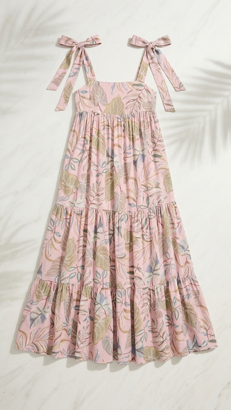 Blush Tropical Leaf Tiered Midi Dress — Crinkle Rayon, Tie Shoulder Straps