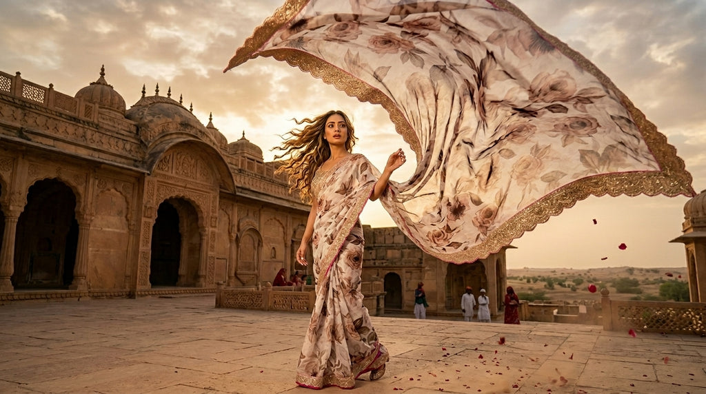 Ivory Rose Print Mesh Saree with Lace Border