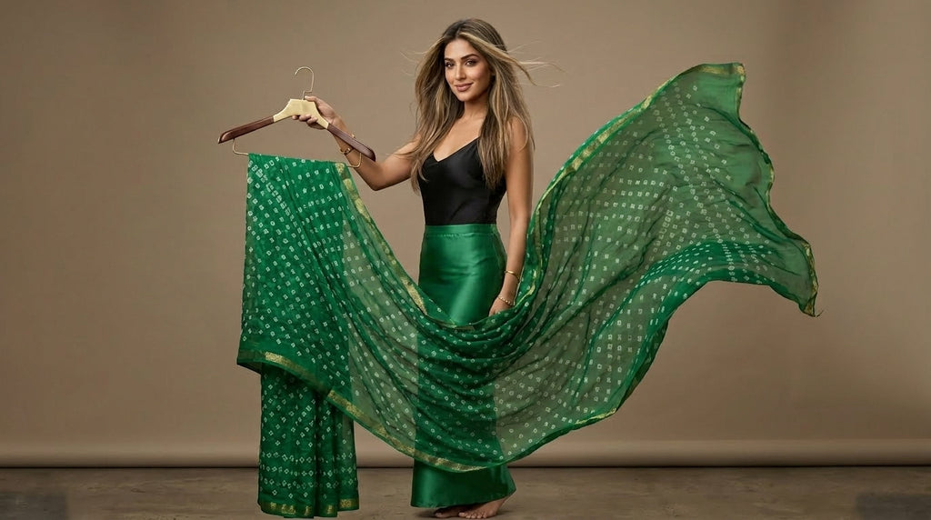 Green Bandhani Viscose Silk Saree with Blouse Piece | Traditional Tie-Dye Saree | Festive & Wedding Wear