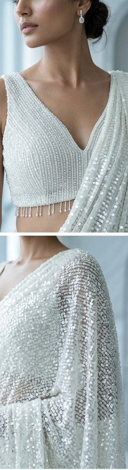 Ivory Half & Half Sequin Saree — Pearl Blouse, Two-Way Drape