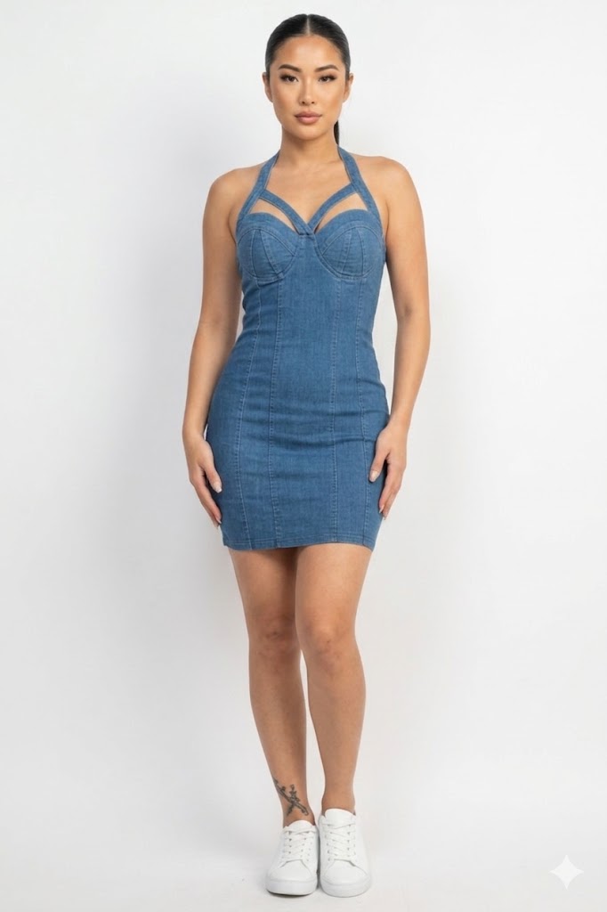 Denim Corset Mini Dress | Cut-Out Halter Neck | Cotton Stretch | S–L