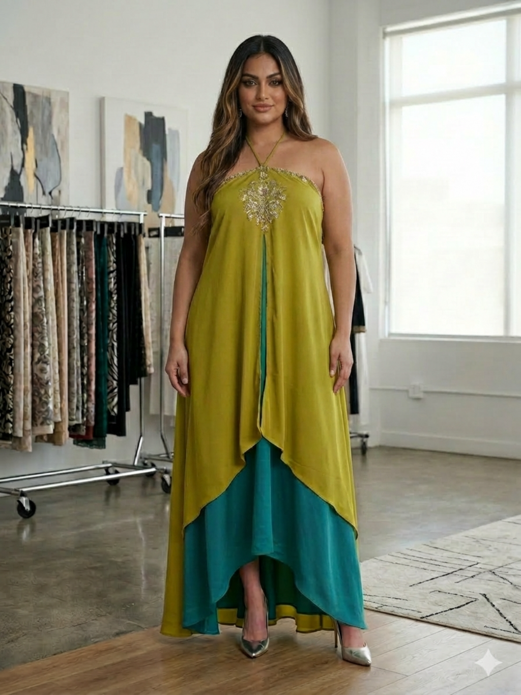Chartreuse & Teal Halter Maxi Set — Sequin Embellished, Resort Luxe, Size 42