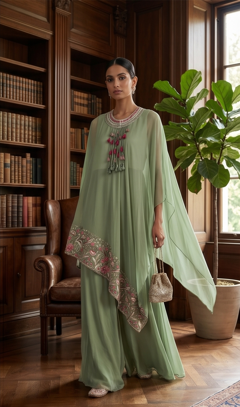 Sage Green Organza 3-Piece Kurta Set with Floral Embroidery – Size 42
