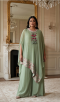 Sage Green Organza 3-Piece Kurta Set with Floral Embroidery – Size 42