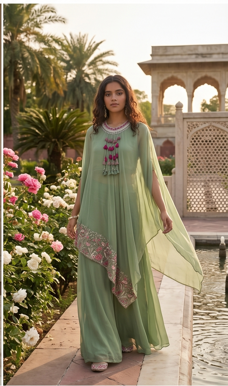 Sage Green Organza 3-Piece Kurta Set with Floral Embroidery – Size 42