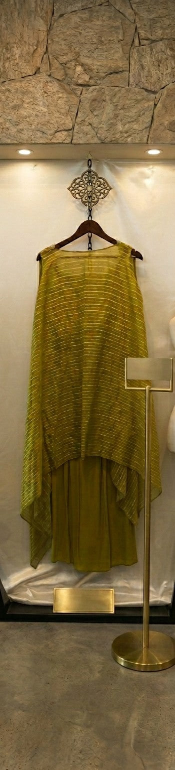 Olive Gold Sequin Cape Skirt Set – Hand Embroidered 3-Piece