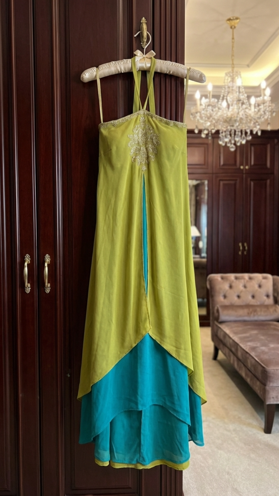 Chartreuse & Teal Halter Maxi Set — Sequin Embellished, Resort Luxe, Size 42