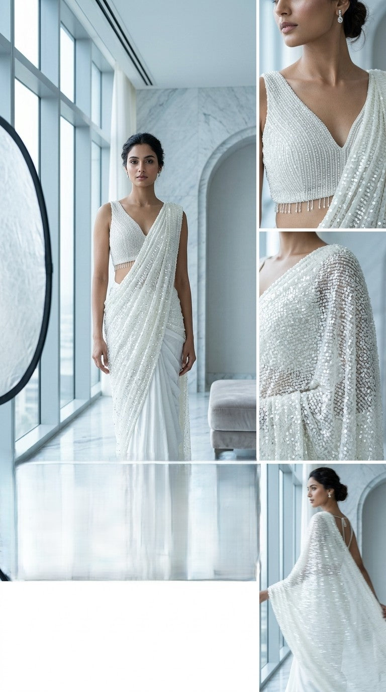 Ivory Half & Half Sequin Saree — Pearl Blouse, Two-Way Drape