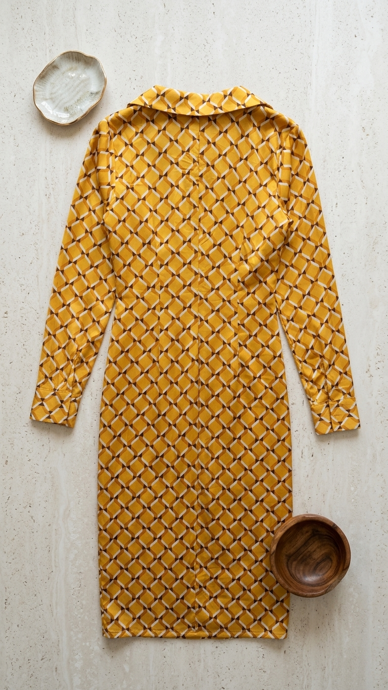 A long-sleeve collared dress in mustard yellow with a repeating geometric pattern, laid flat on a light textured surface with small decorative props.