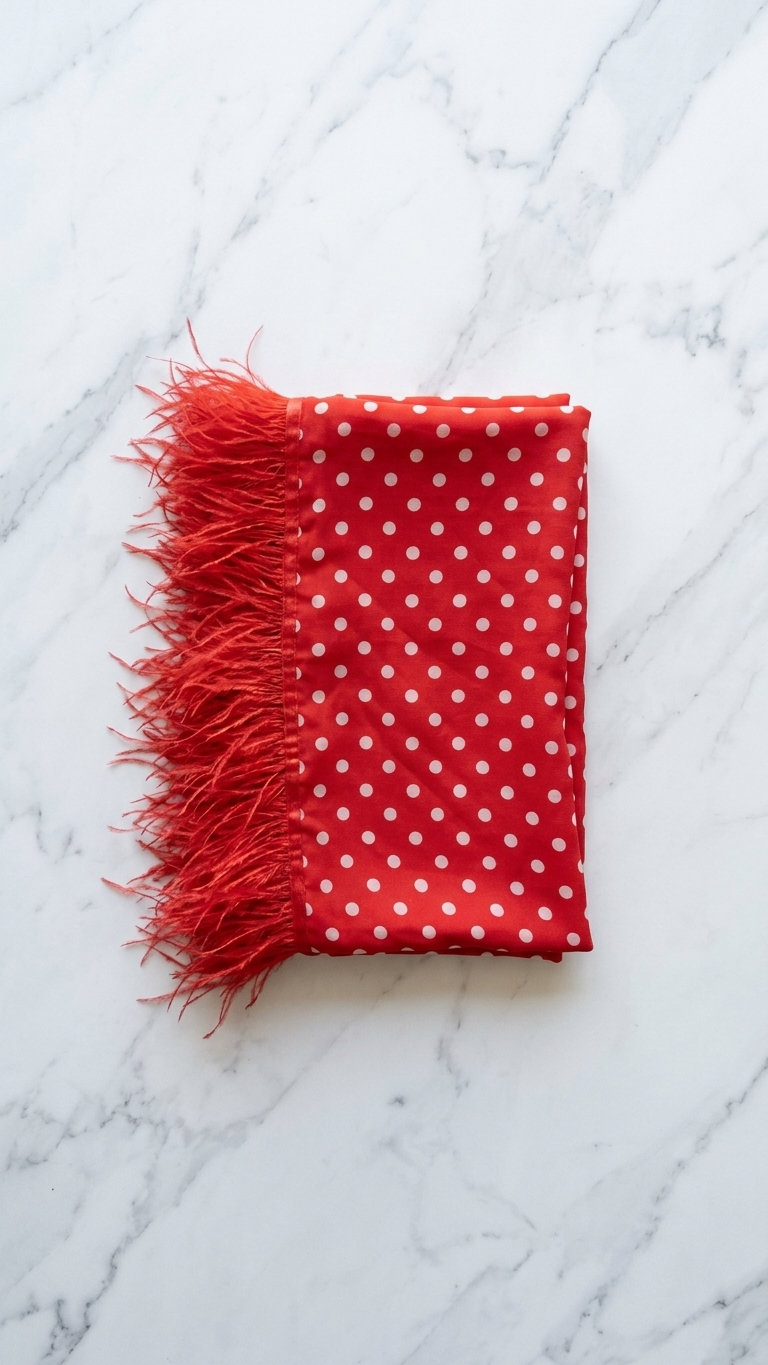 Red Polka Dot Feather Trim Saree