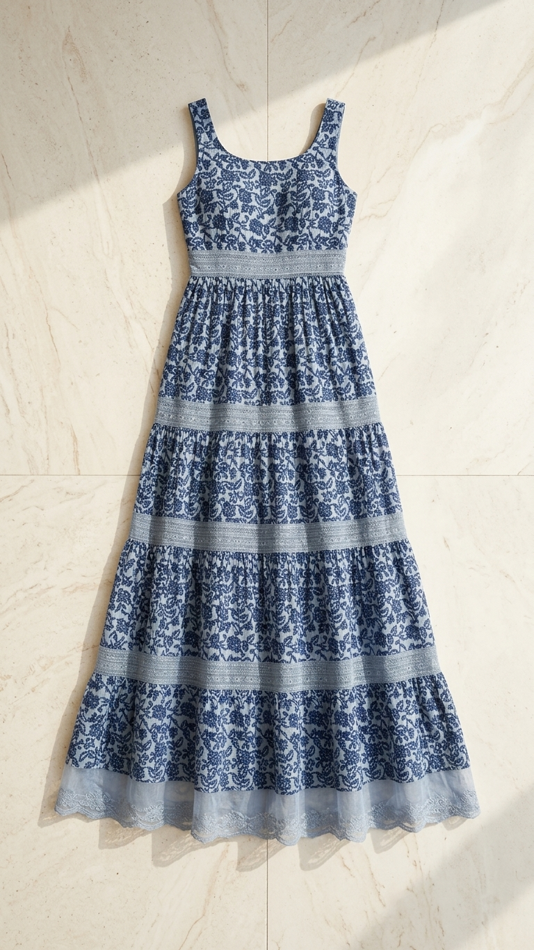 Indigo floral tiered maxi dress laid flat showing lace trim detail