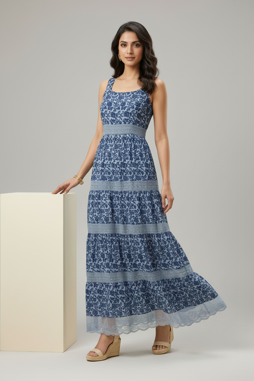 Woman wearing indigo floral maxi dress with espadrille sandals, studio shot