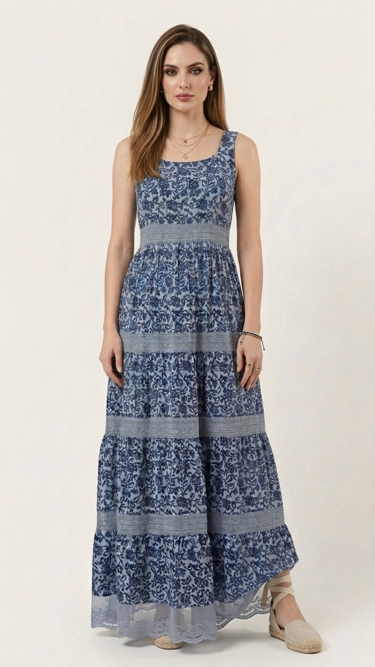 Woman wearing indigo floral maxi dress with espadrille sandals, studio shot