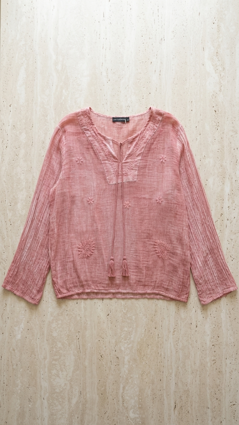 Dusty Rose Mineral Wash Cotton Voile Tunic — Hand Embroidery, Tassel Tie