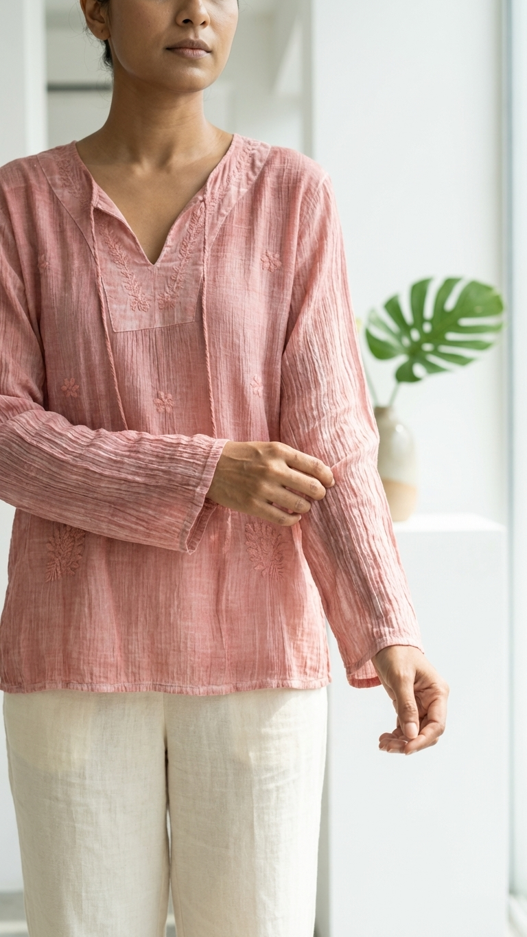 Dusty Rose Mineral Wash Cotton Voile Tunic — Hand Embroidery, Tassel Tie