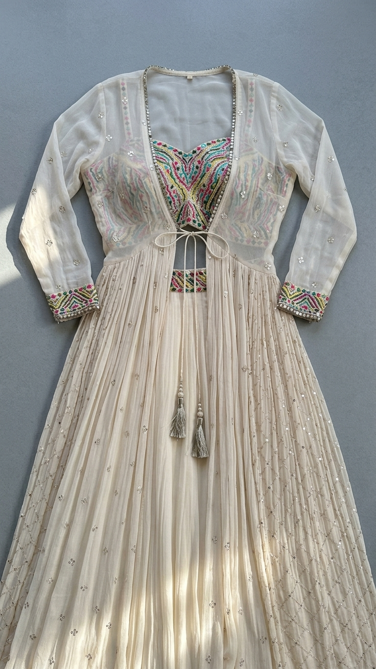 Ivory Embroidered 3-Piece Set — Sequin Jacket, Crop Top & Sharara, Size XL