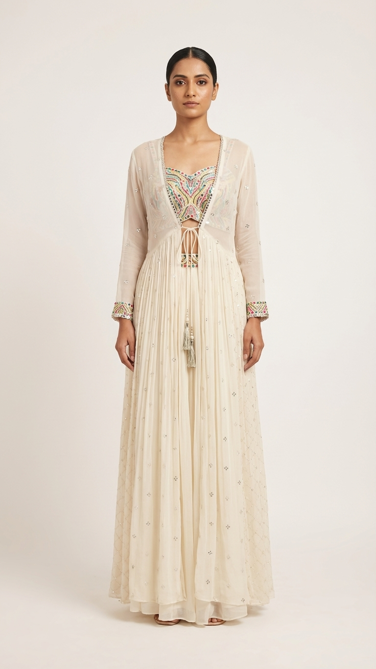 Ivory Embroidered 3-Piece Set — Sequin Jacket, Crop Top & Sharara, Size XL