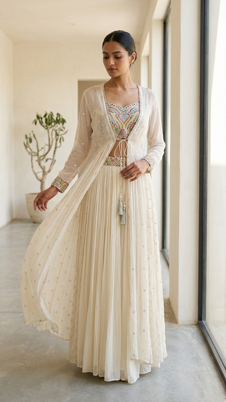 Ivory Embroidered 3-Piece Set — Sequin Jacket, Crop Top & Sharara, Size XL
