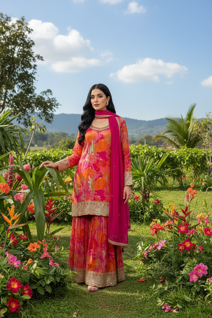 Pink Orange Floral Embroidered 3-Piece Sharara Set, Size 2XL