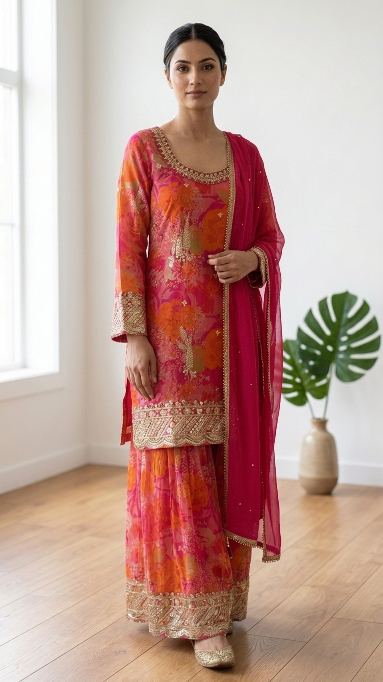 Pink Orange Floral Embroidered 3-Piece Sharara Set, Size 2XL