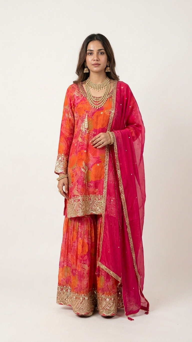 Pink Orange Floral Embroidered 3-Piece Sharara Set, Size 2XL