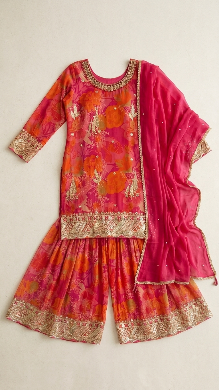 Pink Orange Floral Embroidered 3-Piece Sharara Set, Size 2XL