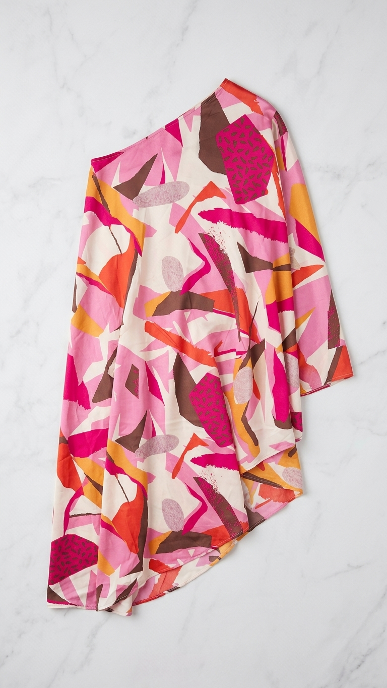 Abstract Art Print One-Shoulder Maxi hi/lo Dress — Draped Sleeve, Asymmetric Hem
