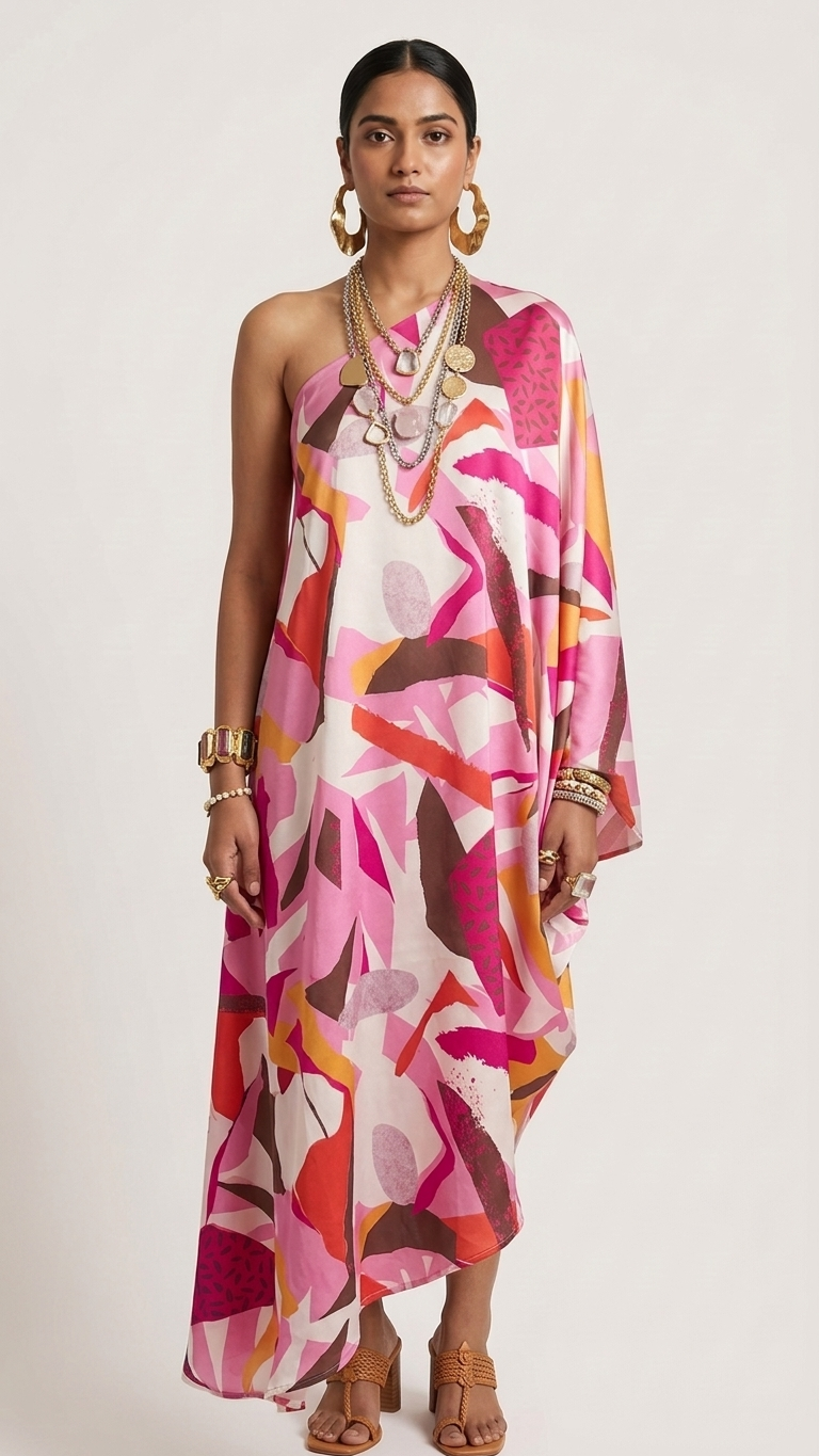 Abstract Art Print One-Shoulder Maxi hi/lo Dress — Draped Sleeve, Asymmetric Hem