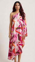 Abstract Art Print One-Shoulder Maxi hi/lo Dress — Draped Sleeve, Asymmetric Hem