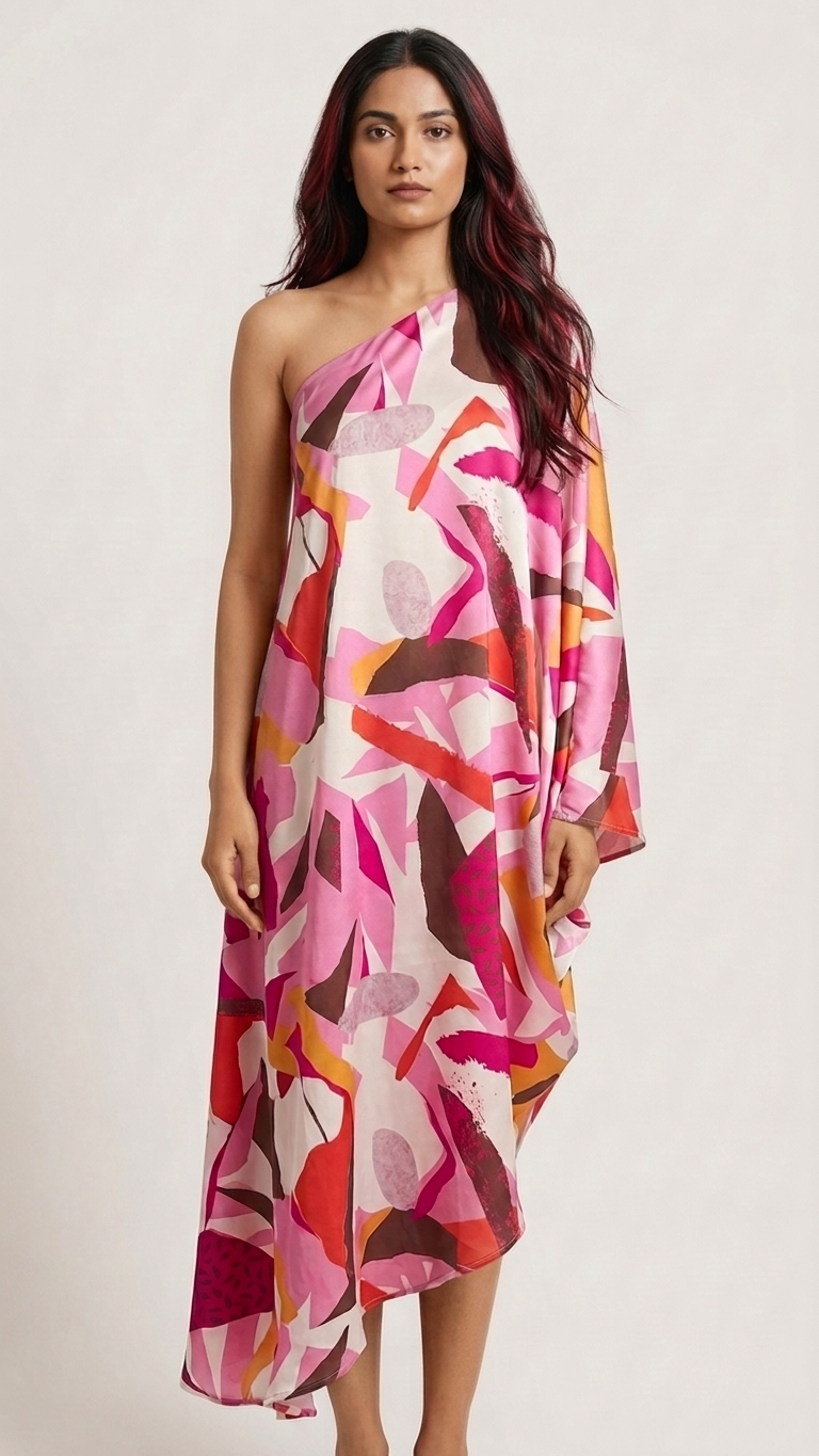 Abstract Art Print One-Shoulder Maxi hi/lo Dress — Draped Sleeve, Asymmetric Hem