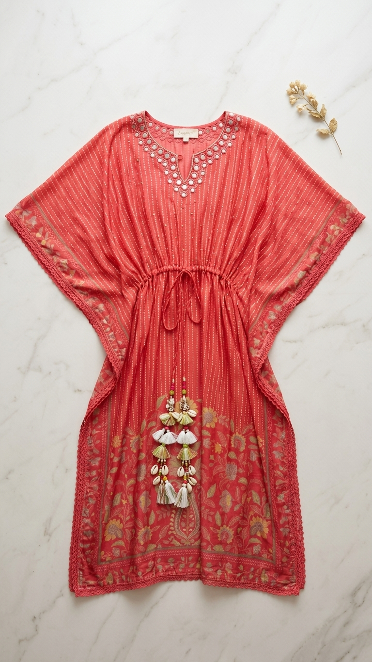 Coral Mirror Work Kaftan —  Floral Border, Tassel Tie | Luxmee