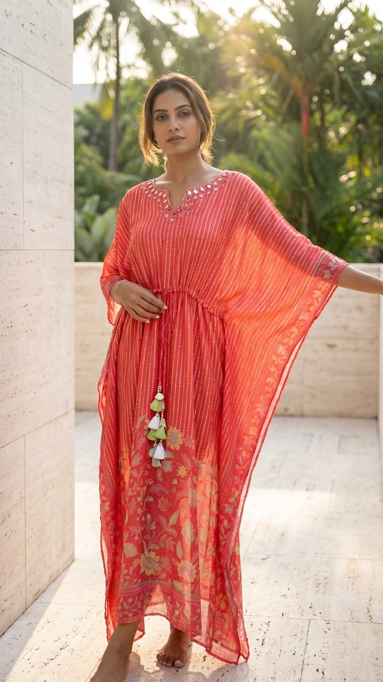 Coral Mirror Work Kaftan —  Floral Border, Tassel Tie | Luxmee