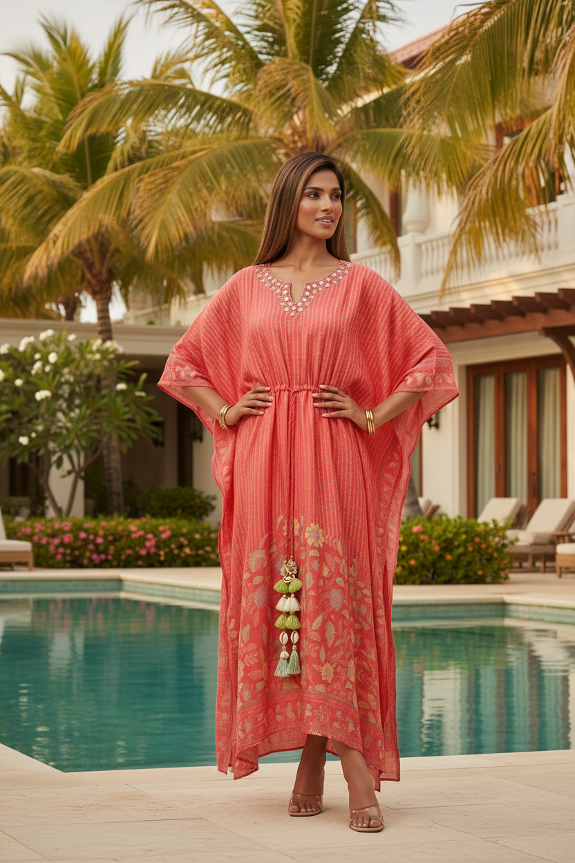 Coral Mirror Work Kaftan —  Floral Border, Tassel Tie | Luxmee