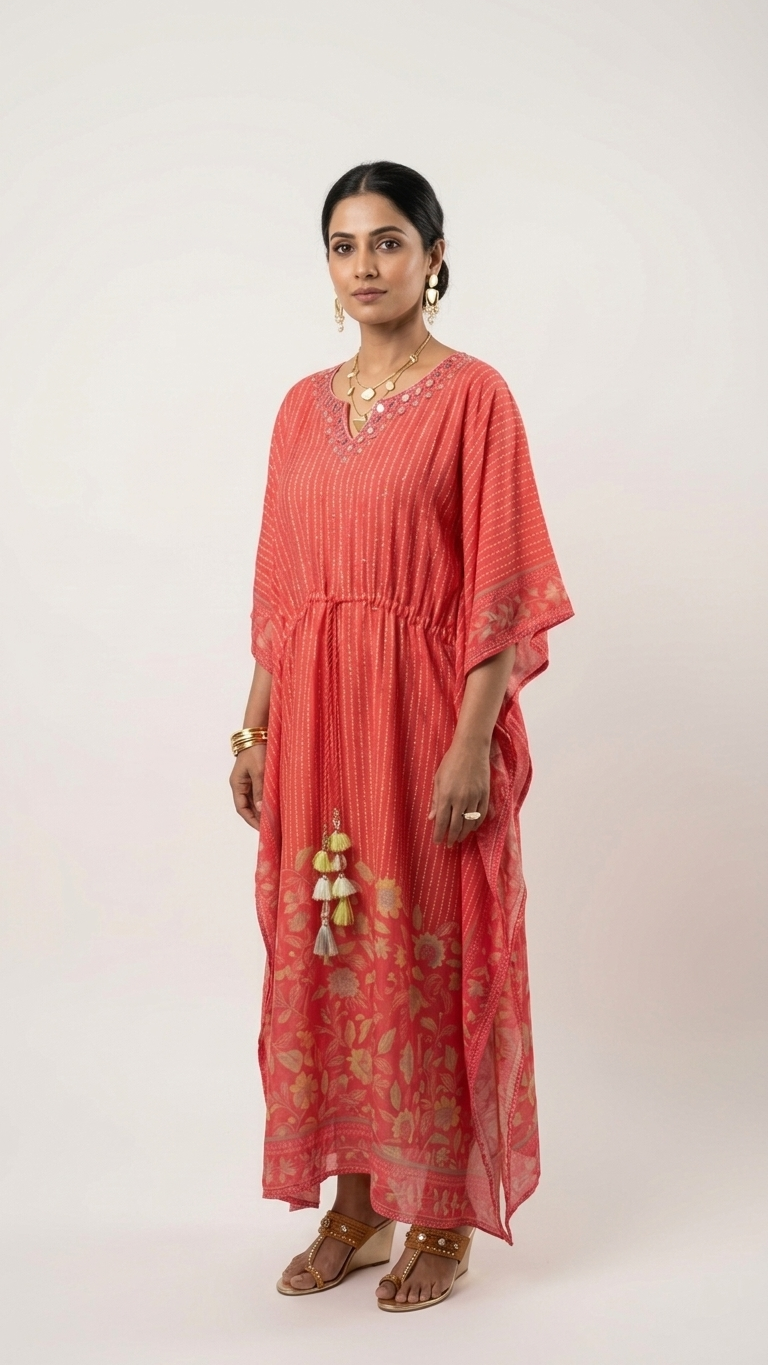 Coral Mirror Work Kaftan —  Floral Border, Tassel Tie | Luxmee