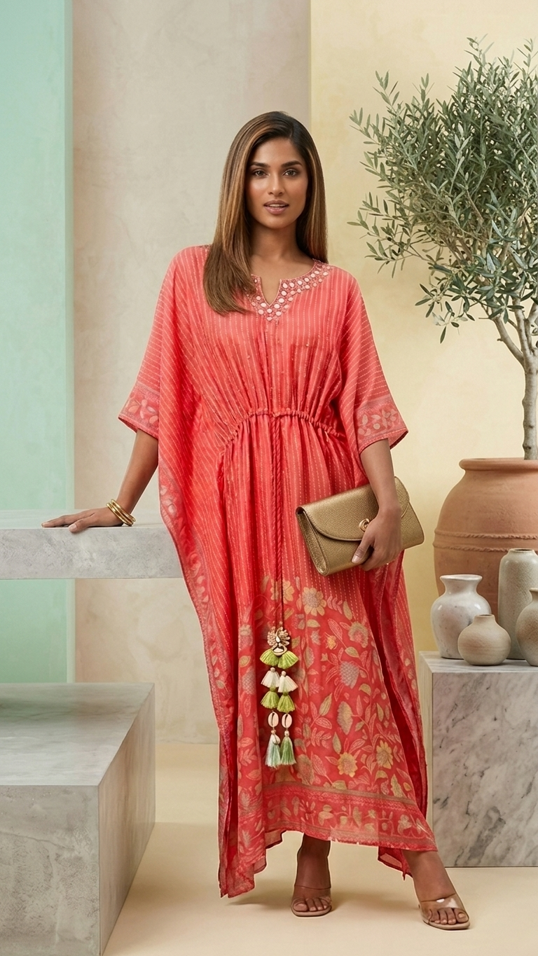Coral Mirror Work Kaftan —  Floral Border, Tassel Tie | Luxmee